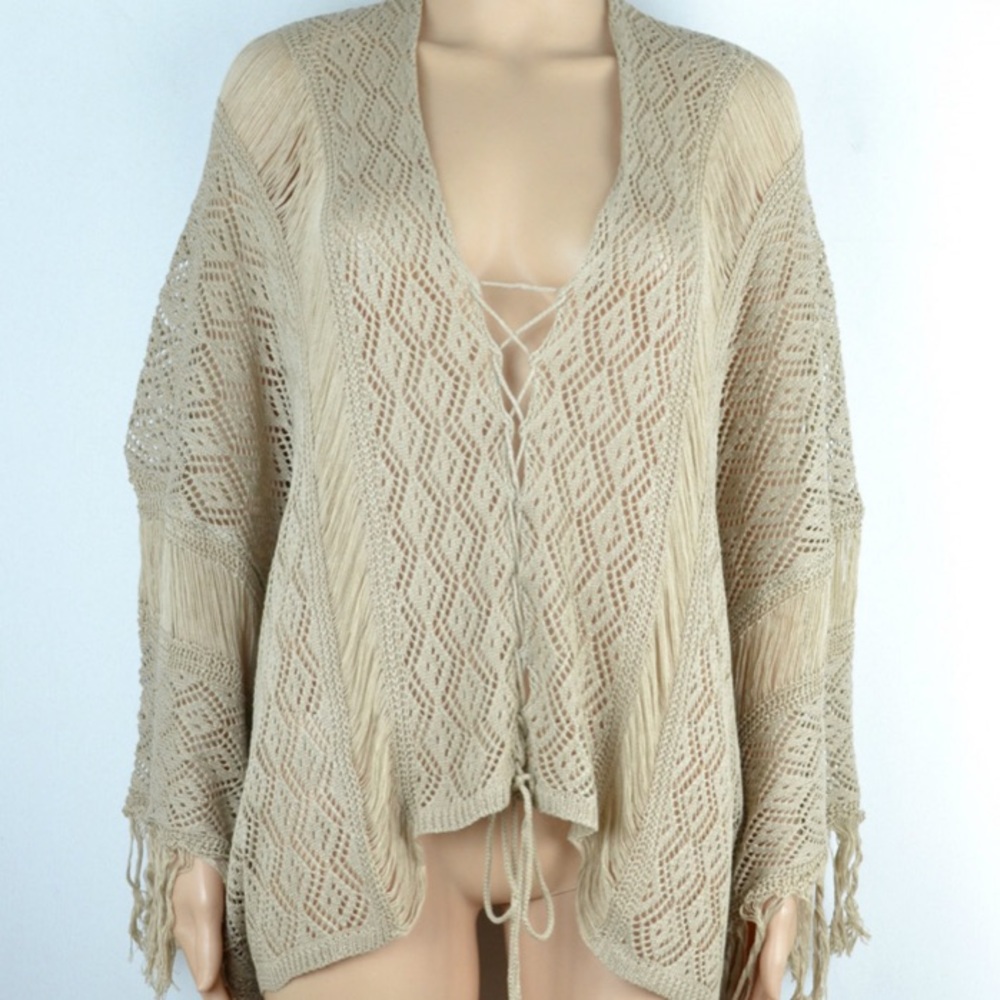 SOLD OUT Khaki Boho Fringe Crochet Knit One Size Top - Picture 7 of 7